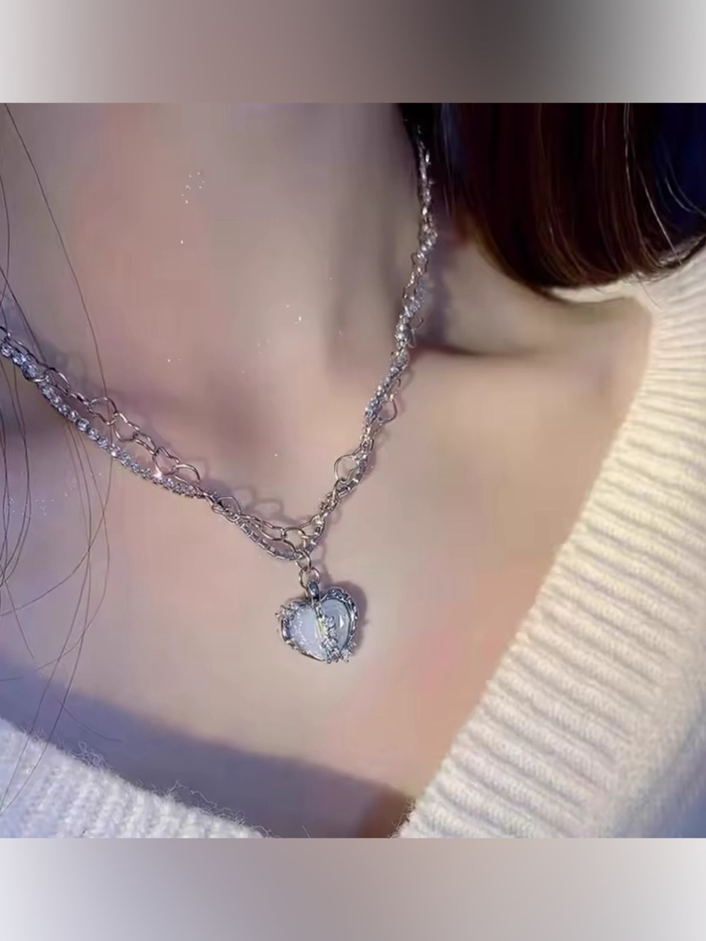 Korean Vintage Heart Opal Clavicle Pendant Silver Necklace